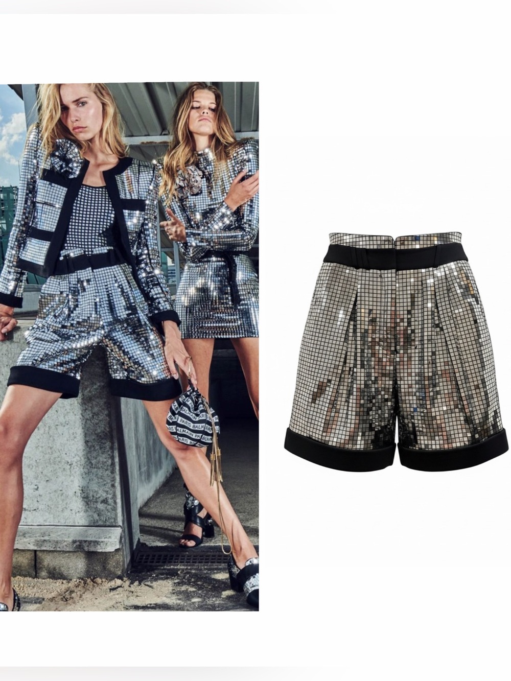 BALMAIN Silver Sequin Bermuda Shorts High Waist Pleated 6 Party Disco NWT 🟡